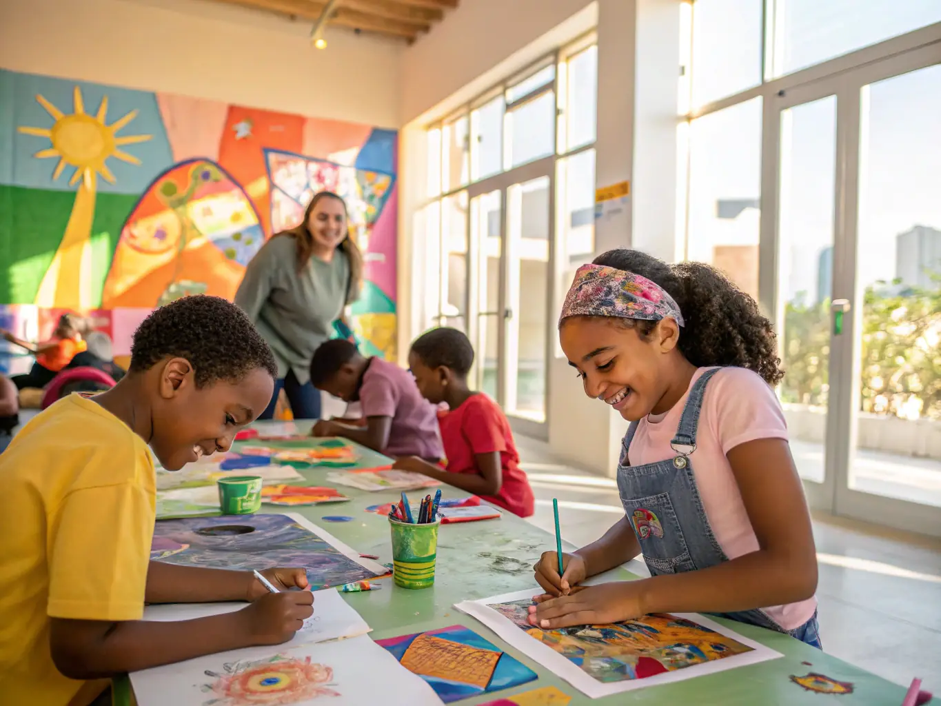 A vibrant photograph capturing a community art workshop in progress, with participants of all ages engaged in painting and creative expression, reflecting OAC's commitment to accessible arts education.