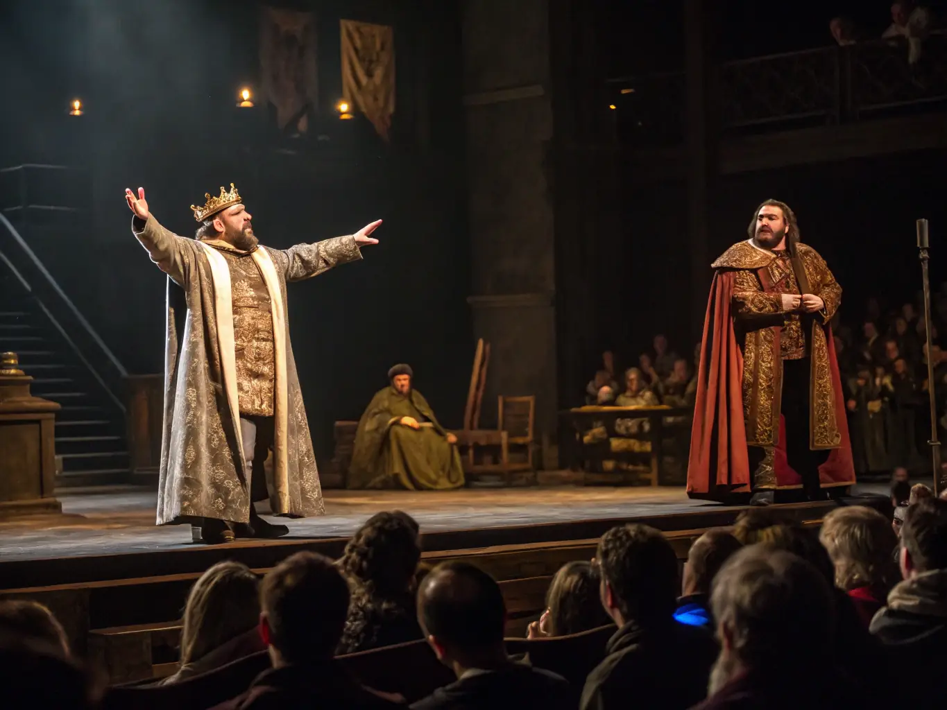 A photo of a community theater production, with actors on stage and an engaged audience.